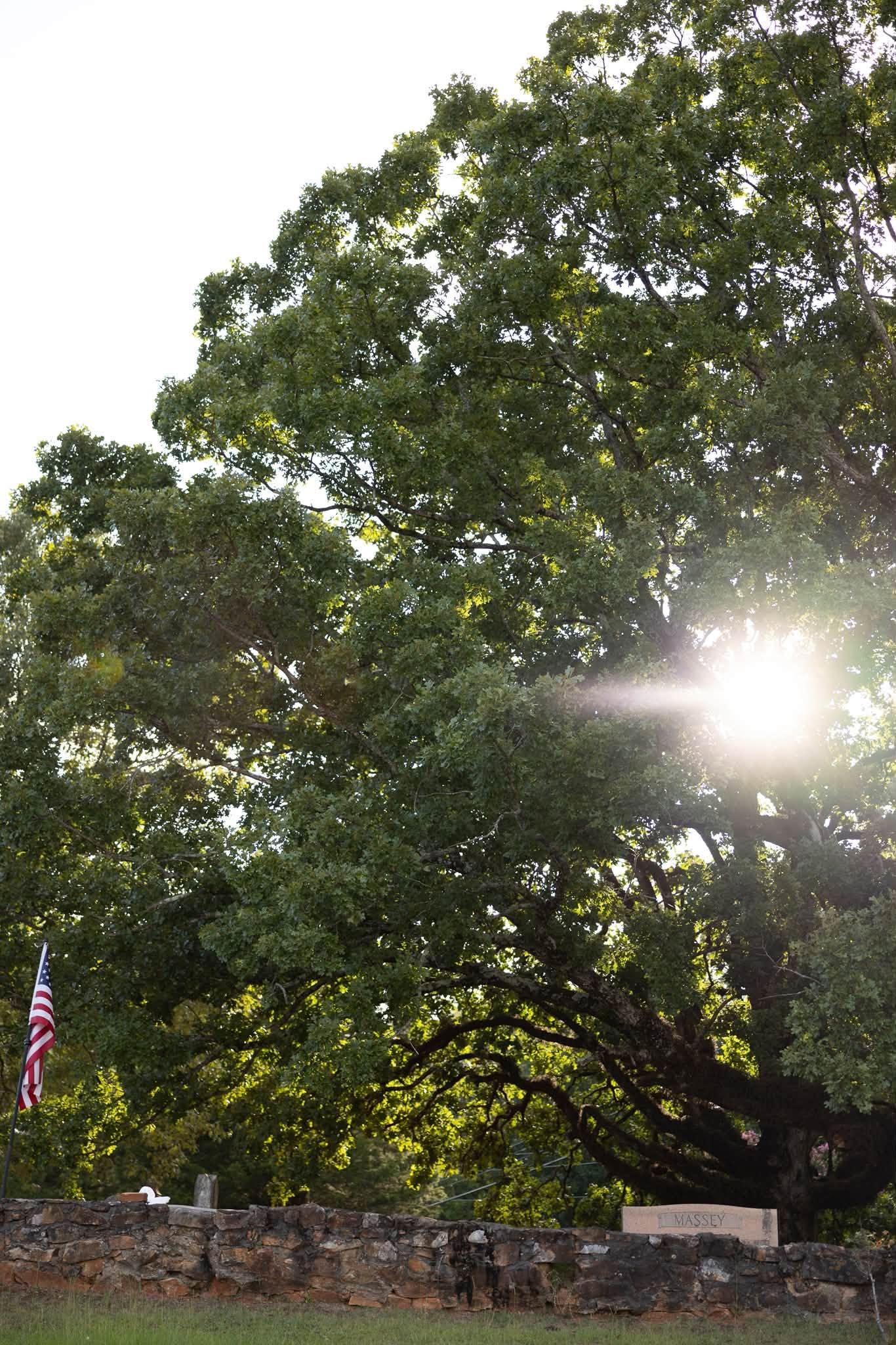 Sunlight breaking through a large oak beside the old stone wall at Genery’s Gap Cemetery, with an American flag at left
